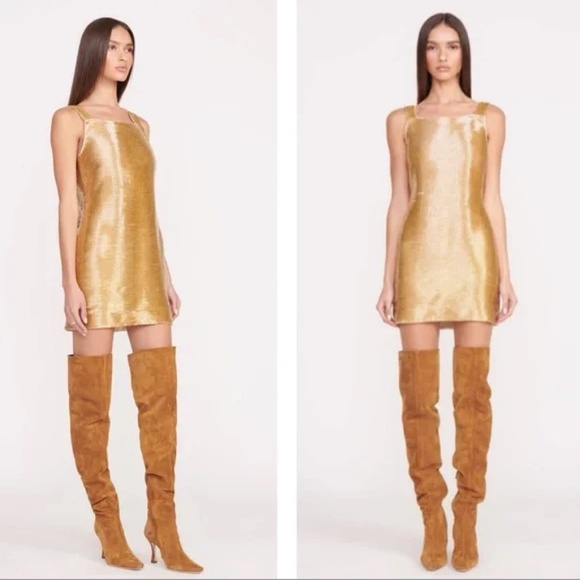 NWT STAUD X-Small Evie Beaded Gold Sequin Mini Dress - Picture 1 of 6